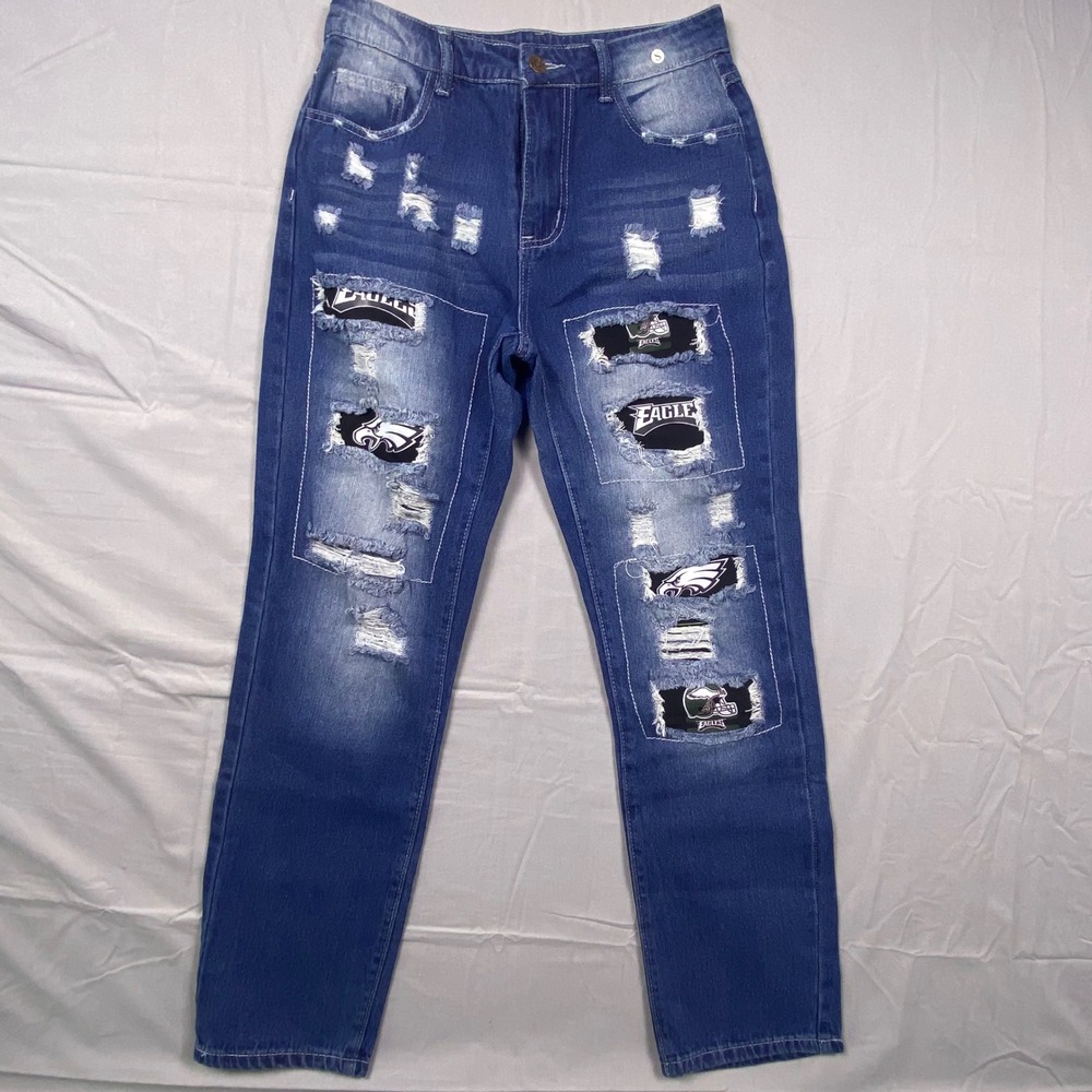 Womens Distressed Jeans Philadelphia Eagles Custom Small Blue Denim Patch